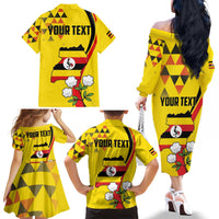 Personalized Uganda Independence Day Family Matching Off The Shoulder Long Sleeve Dress and Hawaiian Shirt Grey Crowned Crane Bird - Wonder Print Shop