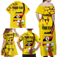 Personalized Uganda Independence Day Family Matching Off Shoulder Maxi Dress and Hawaiian Shirt Grey Crowned Crane Bird - Wonder Print Shop