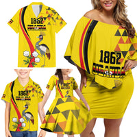 Personalized Uganda Independence Day Family Matching Off Shoulder Short Dress and Hawaiian Shirt Grey Crowned Crane Bird - Wonder Print Shop