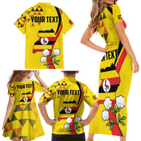 Personalized Uganda Independence Day Family Matching Short Sleeve Bodycon Dress and Hawaiian Shirt Grey Crowned Crane Bird - Wonder Print Shop