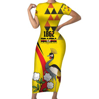 Personalized Uganda Independence Day Family Matching Short Sleeve Bodycon Dress and Hawaiian Shirt Grey Crowned Crane Bird - Wonder Print Shop