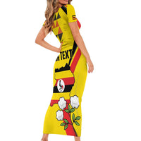 Personalized Uganda Independence Day Family Matching Short Sleeve Bodycon Dress and Hawaiian Shirt Grey Crowned Crane Bird - Wonder Print Shop