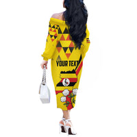 Personalized Uganda Independence Day Off The Shoulder Long Sleeve Dress Grey Crowned Crane Bird - Wonder Print Shop