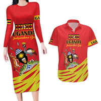 Custom Uganda Independence Day 1962 Couples Matching Long Sleeve Bodycon Dress and Hawaiian Shirt Coat Of Arms With Kente Patterns - Wonder Print Shop