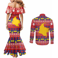 Colombia Christmas Couples Matching Mermaid Dress and Long Sleeve Button Shirt Libertad y Orden With Feliz Navidad