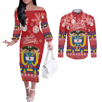 Colombia Christmas Couples Matching Off The Shoulder Long Sleeve Dress and Long Sleeve Button Shirt Libertad y Orden With Feliz Navidad