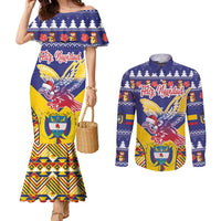 Personalized Colombia Christmas Couples Matching Mermaid Dress and Long Sleeve Button Shirt Andean Condor With Seamless Pattern
