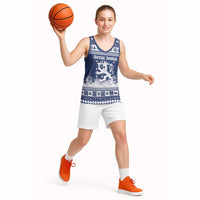 Finland Christmas Hannunvaakuna Basketball Jersey Hyvaa Joulua Nordic Snow Lion Blue Version - Wonder Print Shop