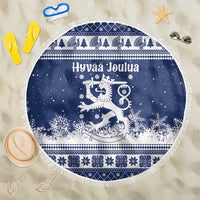 Finland Christmas Hannunvaakuna Beach Blanket Hyvaa Joulua Nordic Snow Lion Blue Version - Wonder Print Shop