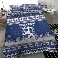 Finland Christmas Hannunvaakuna Bedding Set Hyvaa Joulua Nordic Snow Lion Blue Version - Wonder Print Shop