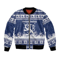 Finland Christmas Hannunvaakuna Bomber Jacket Hyvaa Joulua Nordic Snow Lion Blue Version - Wonder Print Shop