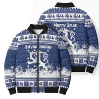 Finland Christmas Hannunvaakuna Bomber Puffer Jacket Hyvaa Joulua Nordic Snow Lion Blue Version - Wonder Print Shop