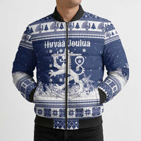 Finland Christmas Hannunvaakuna Bomber Puffer Jacket Hyvaa Joulua Nordic Snow Lion Blue Version - Wonder Print Shop
