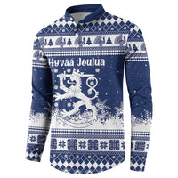 Finland Christmas Hannunvaakuna Button Sweatshirt Hyvaa Joulua Nordic Snow Lion Blue Version - Wonder Print Shop