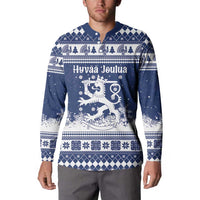 Finland Christmas Hannunvaakuna Button Sweatshirt Hyvaa Joulua Nordic Snow Lion Blue Version - Wonder Print Shop