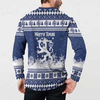 Finland Christmas Hannunvaakuna Button Sweatshirt Hyvaa Joulua Nordic Snow Lion Blue Version - Wonder Print Shop