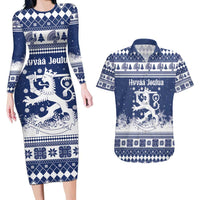 Finland Christmas Hannunvaakuna Couples Matching Long Sleeve Bodycon Dress and Hawaiian Shirt Hyvaa Joulua Nordic Snow Lion Blue Version - Wonder Print Shop