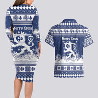 Finland Christmas Hannunvaakuna Couples Matching Long Sleeve Bodycon Dress and Hawaiian Shirt Hyvaa Joulua Nordic Snow Lion Blue Version - Wonder Print Shop