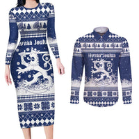Finland Christmas Hannunvaakuna Couples Matching Long Sleeve Bodycon Dress and Long Sleeve Button Shirt Hyvaa Joulua Nordic Snow Lion Blue Version - Wonder Print Shop