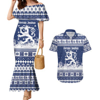 Finland Christmas Hannunvaakuna Couples Matching Mermaid Dress and Hawaiian Shirt Hyvaa Joulua Nordic Snow Lion Blue Version - Wonder Print Shop