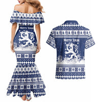 Finland Christmas Hannunvaakuna Couples Matching Mermaid Dress and Hawaiian Shirt Hyvaa Joulua Nordic Snow Lion Blue Version - Wonder Print Shop