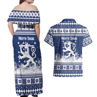 Finland Christmas Hannunvaakuna Couples Matching Off Shoulder Maxi Dress and Hawaiian Shirt Hyvaa Joulua Nordic Snow Lion Blue Version - Wonder Print Shop