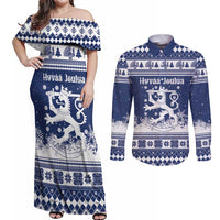 Finland Christmas Hannunvaakuna Couples Matching Off Shoulder Maxi Dress and Long Sleeve Button Shirt Hyvaa Joulua Nordic Snow Lion Blue Version - Wonder Print Shop