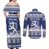 Finland Christmas Hannunvaakuna Couples Matching Off Shoulder Maxi Dress and Long Sleeve Button Shirt Hyvaa Joulua Nordic Snow Lion Blue Version - Wonder Print Shop