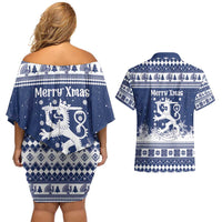 Finland Christmas Hannunvaakuna Couples Matching Off Shoulder Short Dress and Hawaiian Shirt Hyvaa Joulua Nordic Snow Lion Blue Version - Wonder Print Shop