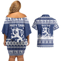 Finland Christmas Hannunvaakuna Couples Matching Off Shoulder Short Dress and Hawaiian Shirt Hyvaa Joulua Nordic Snow Lion Blue Version - Wonder Print Shop
