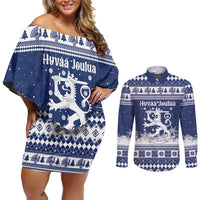 Finland Christmas Hannunvaakuna Couples Matching Off Shoulder Short Dress and Long Sleeve Button Shirt Hyvaa Joulua Nordic Snow Lion Blue Version - Wonder Print Shop