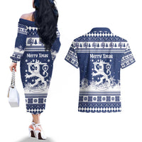 Finland Christmas Hannunvaakuna Couples Matching Off The Shoulder Long Sleeve Dress and Hawaiian Shirt Hyvaa Joulua Nordic Snow Lion Blue Version - Wonder Print Shop