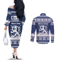 Finland Christmas Hannunvaakuna Couples Matching Off The Shoulder Long Sleeve Dress and Long Sleeve Button Shirt Hyvaa Joulua Nordic Snow Lion Blue Version - Wonder Print Shop