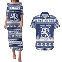 Finland Christmas Hannunvaakuna Couples Matching Puletasi and Hawaiian Shirt Hyvaa Joulua Nordic Snow Lion Blue Version - Wonder Print Shop