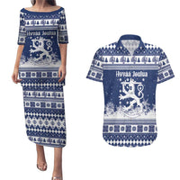 Finland Christmas Hannunvaakuna Couples Matching Puletasi and Hawaiian Shirt Hyvaa Joulua Nordic Snow Lion Blue Version - Wonder Print Shop