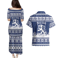 Finland Christmas Hannunvaakuna Couples Matching Puletasi and Hawaiian Shirt Hyvaa Joulua Nordic Snow Lion Blue Version - Wonder Print Shop