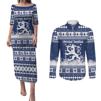 Finland Christmas Hannunvaakuna Couples Matching Puletasi and Long Sleeve Button Shirt Hyvaa Joulua Nordic Snow Lion Blue Version - Wonder Print Shop