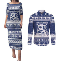 Finland Christmas Hannunvaakuna Couples Matching Puletasi and Long Sleeve Button Shirt Hyvaa Joulua Nordic Snow Lion Blue Version - Wonder Print Shop