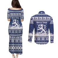 Finland Christmas Hannunvaakuna Couples Matching Puletasi and Long Sleeve Button Shirt Hyvaa Joulua Nordic Snow Lion Blue Version - Wonder Print Shop