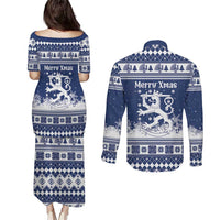 Finland Christmas Hannunvaakuna Couples Matching Puletasi and Long Sleeve Button Shirt Hyvaa Joulua Nordic Snow Lion Blue Version - Wonder Print Shop