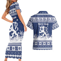 Finland Christmas Hannunvaakuna Couples Matching Short Sleeve Bodycon Dress and Hawaiian Shirt Hyvaa Joulua Nordic Snow Lion Blue Version - Wonder Print Shop