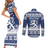 Finland Christmas Hannunvaakuna Couples Matching Short Sleeve Bodycon Dress and Long Sleeve Button Shirt Hyvaa Joulua Nordic Snow Lion Blue Version - Wonder Print Shop