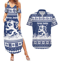 Finland Christmas Hannunvaakuna Couples Matching Summer Maxi Dress and Hawaiian Shirt Hyvaa Joulua Nordic Snow Lion Blue Version - Wonder Print Shop