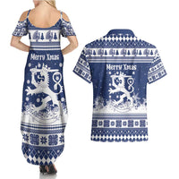 Finland Christmas Hannunvaakuna Couples Matching Summer Maxi Dress and Hawaiian Shirt Hyvaa Joulua Nordic Snow Lion Blue Version - Wonder Print Shop