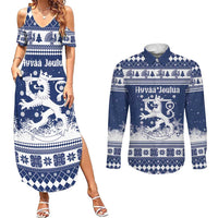Finland Christmas Hannunvaakuna Couples Matching Summer Maxi Dress and Long Sleeve Button Shirt Hyvaa Joulua Nordic Snow Lion Blue Version - Wonder Print Shop
