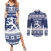 Finland Christmas Hannunvaakuna Couples Matching Summer Maxi Dress and Long Sleeve Button Shirt Hyvaa Joulua Nordic Snow Lion Blue Version - Wonder Print Shop