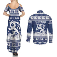 Finland Christmas Hannunvaakuna Couples Matching Summer Maxi Dress and Long Sleeve Button Shirt Hyvaa Joulua Nordic Snow Lion Blue Version - Wonder Print Shop