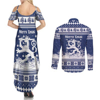 Finland Christmas Hannunvaakuna Couples Matching Summer Maxi Dress and Long Sleeve Button Shirt Hyvaa Joulua Nordic Snow Lion Blue Version - Wonder Print Shop
