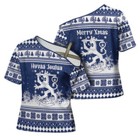 Finland Christmas Hannunvaakuna Cross Shoulder Shirt Hyvaa Joulua Nordic Snow Lion Blue Version - Wonder Print Shop