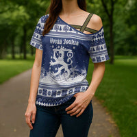 Finland Christmas Hannunvaakuna Cross Shoulder Shirt Hyvaa Joulua Nordic Snow Lion Blue Version - Wonder Print Shop